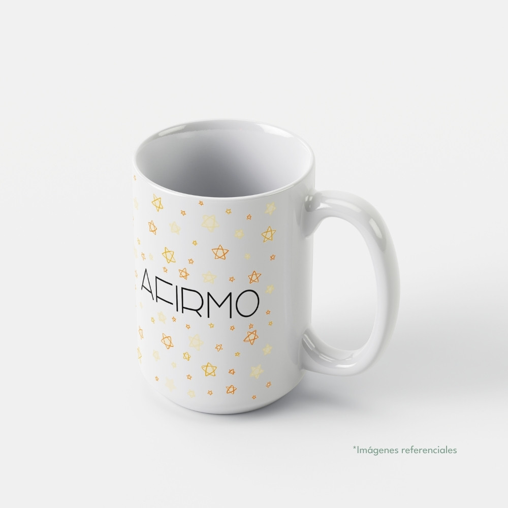 Taza con intención 15 oz AFIRMO con frase para completar Brillo porque...