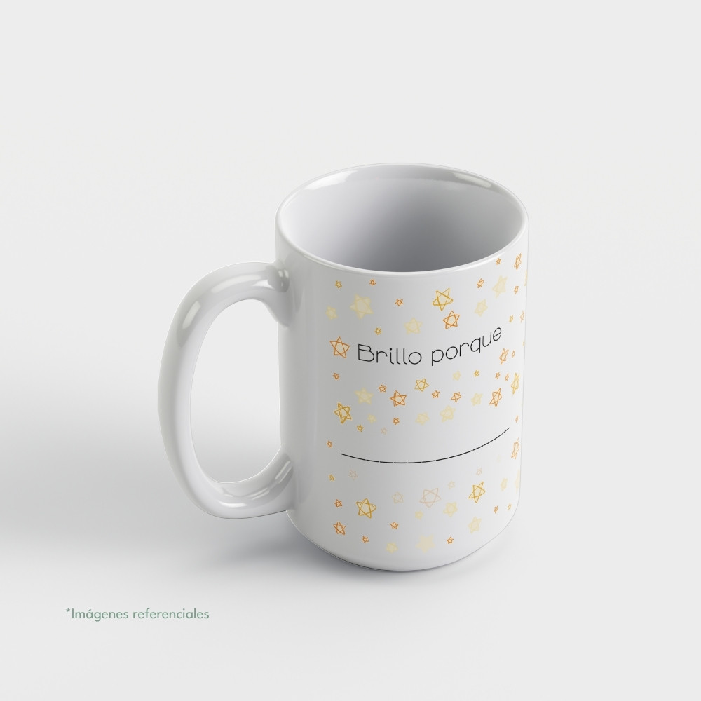 Taza con intención 15 oz AFIRMO con frase para completar Brillo porque...