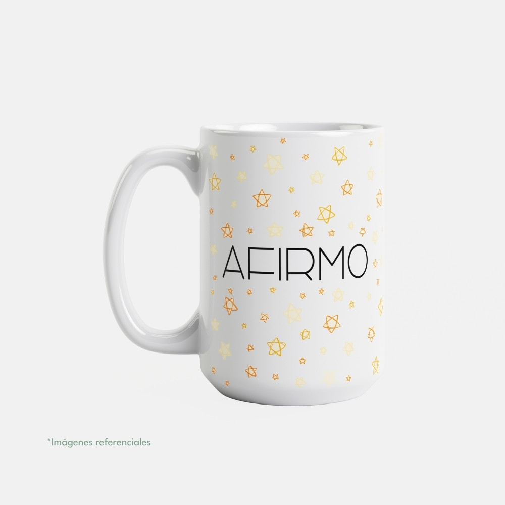 Taza con intención 15 oz AFIRMO con frase para completar Brillo porque...