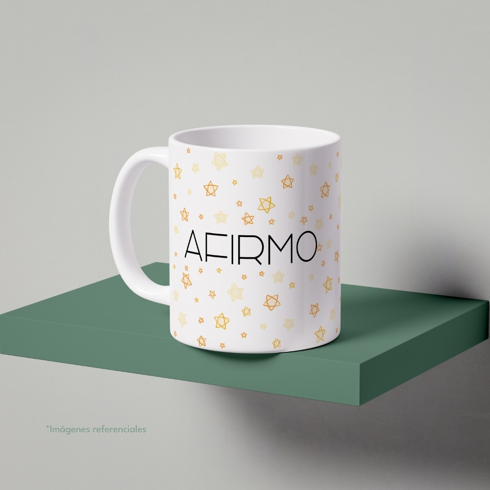 Taza con intención 11 oz AFIRMO con frase para completar Brillo porque...