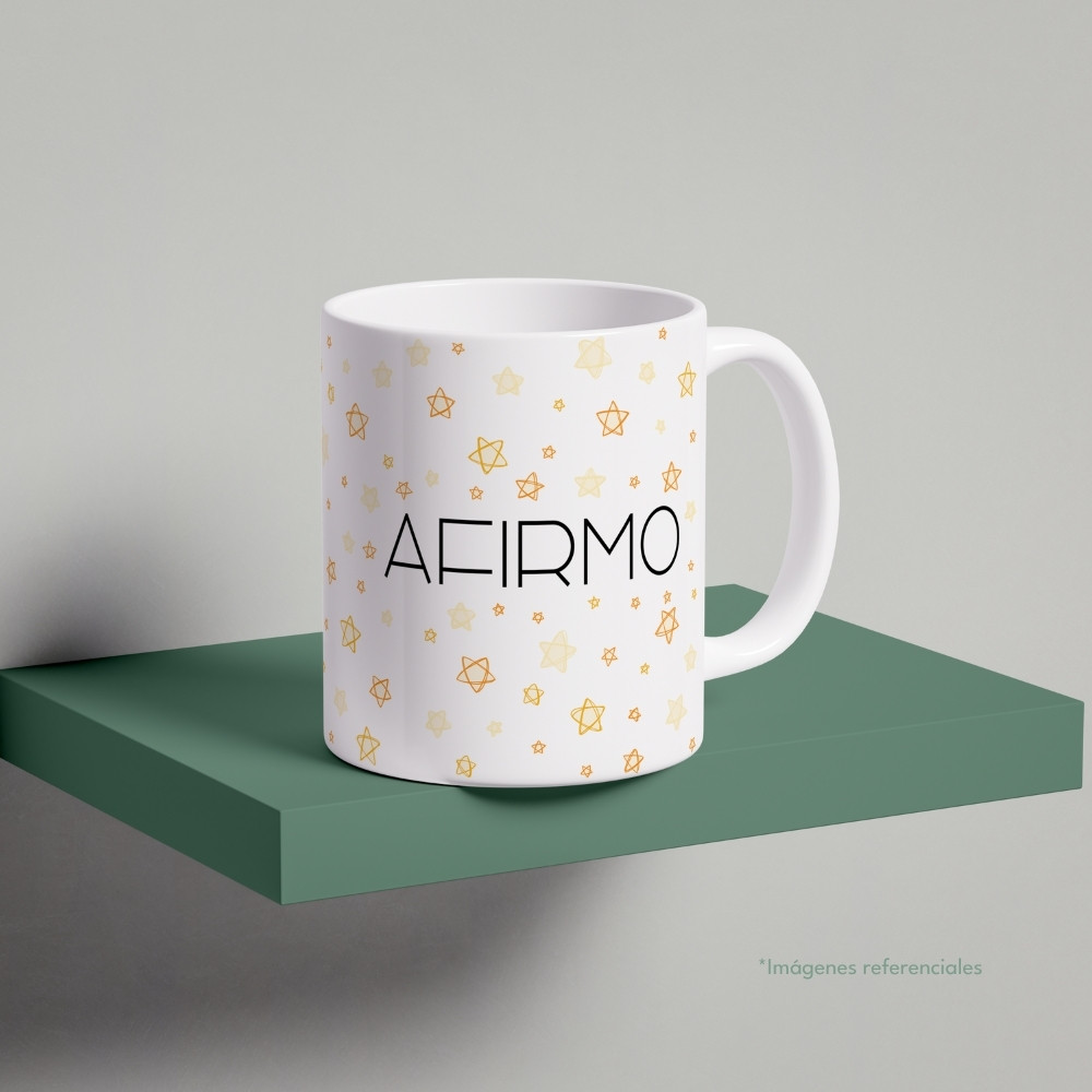 Taza con intención 11 oz AFIRMO con frase para completar Brillo porque...